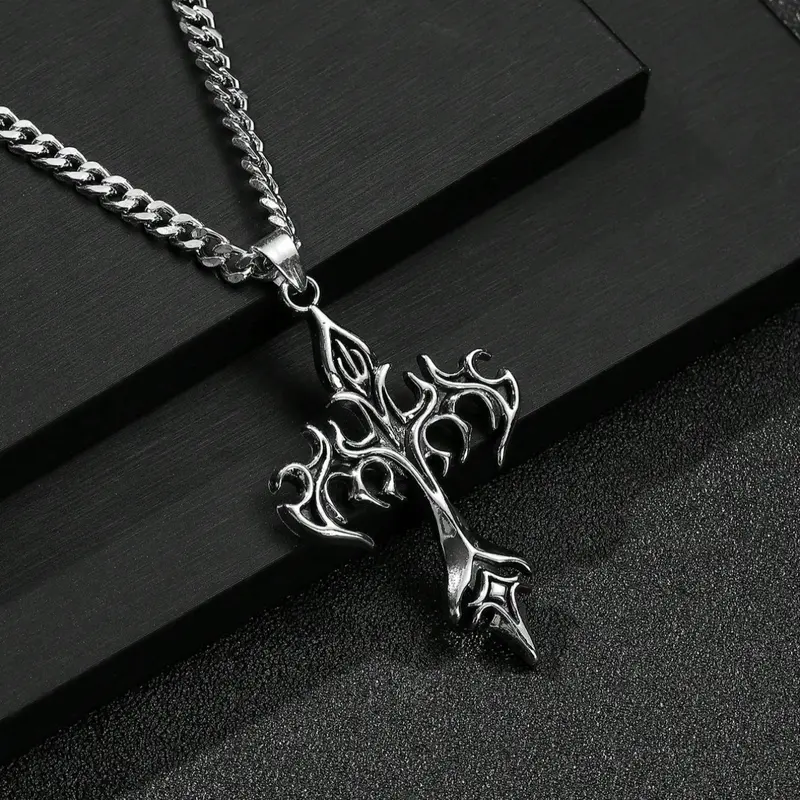 Men's Fashion Hip Hop Vintage Cross Pendant Necklace, Cuban Link Chain Necklace, Street Style Urban Edge Trendy Jewelry, Gothic Cross Design, Unique Fashion Accessory, Cross Necklaces