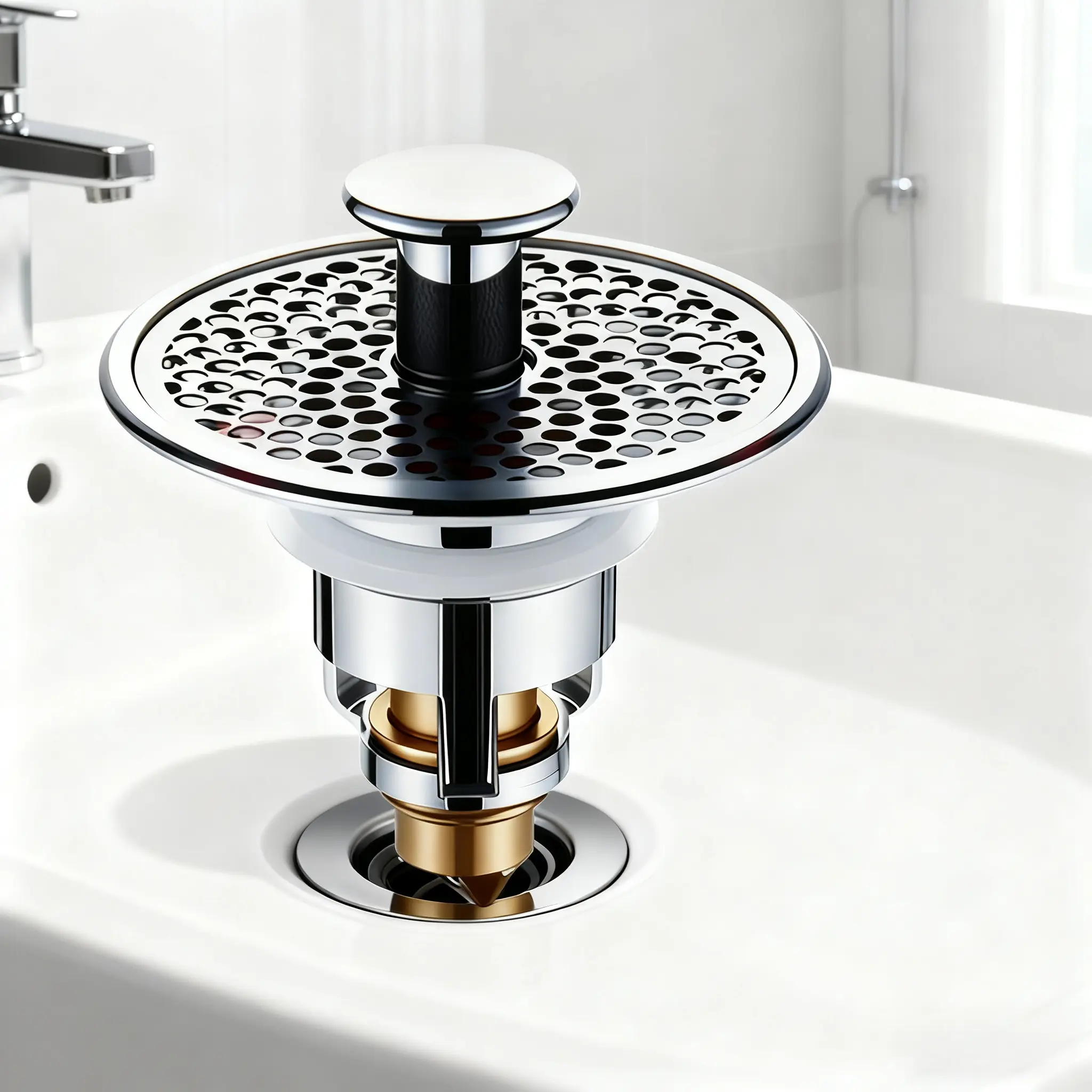 Modern Brass Pop Up Bathroom Sink Drain Stopper, Stainless Steel Anti-Clog Hair Catcher Filter, Anti-Odor Easy Clean Basin Drain Plug