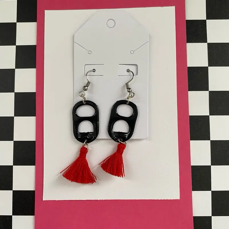 Black tab/red tassel Earrings