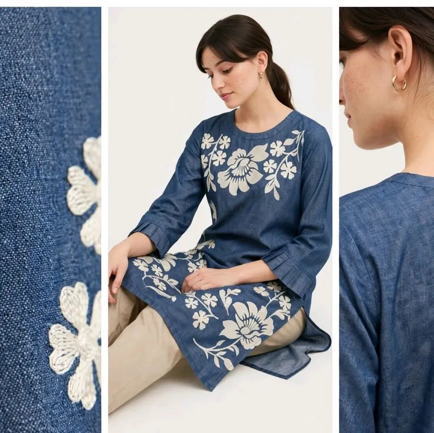 Women's Pakistani Kurta, Embroidered Long Sleeve Cotton Tunic Top with a Modest Loose-Fit for Formal & Casual Occasions, Hand Wash, Embroidery, Style, Simple, Piece, Elegance, Traditional, Crew Neck, Basic, Modest Cut, Shirt, Tunic Length