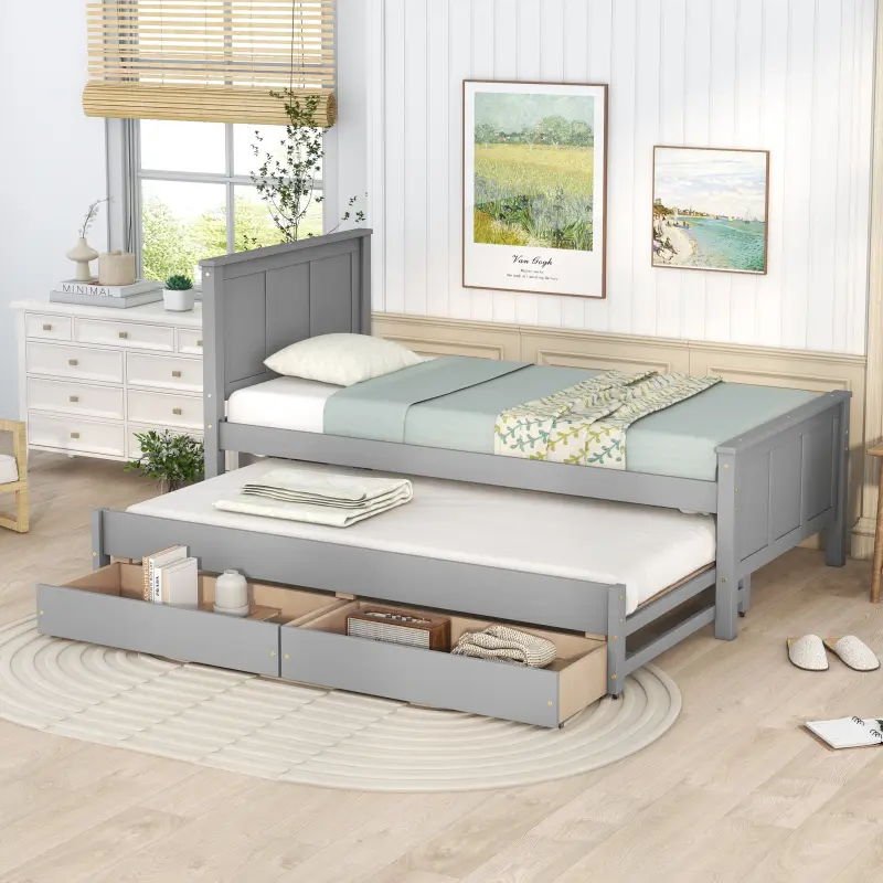 Twin Captain Bed with Trundle, Solid Wood Twin Platform Bed Daybed with Storage Drawers for Guest Room Bedroom