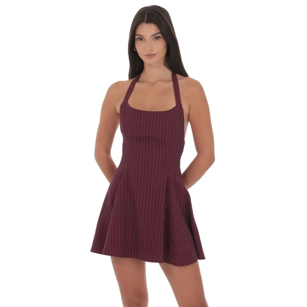 Pinstripe Halter Fit and Flare Dress in Burgundy Pinstripe Halter Fit and Flare Dress in Burgundy