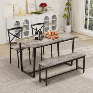 4 Pieces Dining Table Set with Bench, Wooden Rectangular Dining Table with 2 Chairs and Bench for Kitchen Room Dining Room, Kitchen Table Chairs Set , industrial style, solid structure