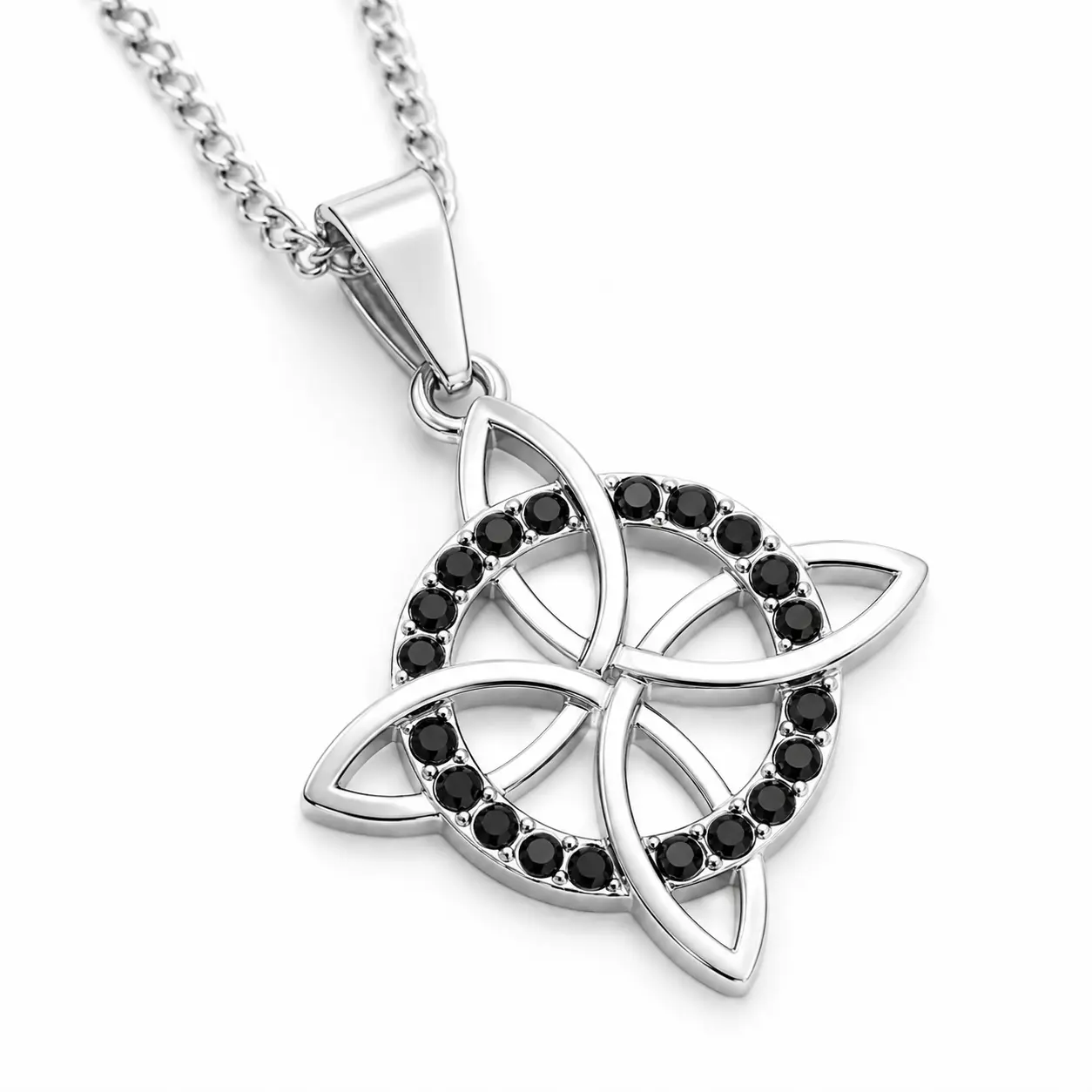 Unisex S925 Silver Witch Knot Necklace Set - 2MM Cuban Chain, 18'' Length, Black Stone Pendant