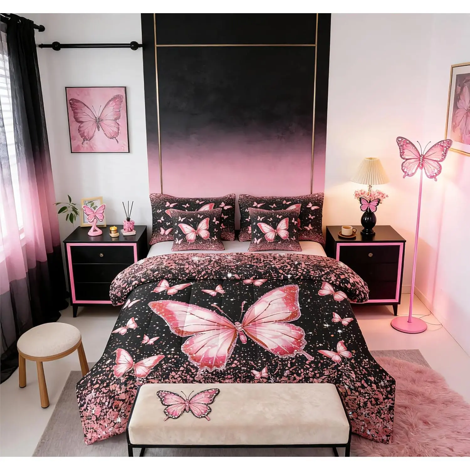 Pink Butterfly 7 Piece Bedding Set Glitter Print Comforter Set with Sheets Pretty Animal Bed in a Bag Beautiful Butterfly Bed Set Soft Lightweight