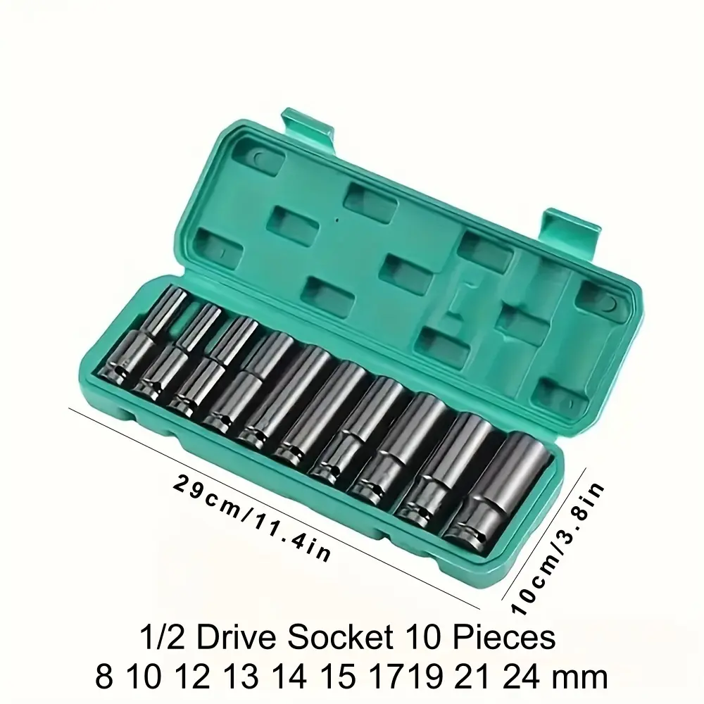 10PCS 1/2" Drive Deep Impact Socket Set Metric 8-24mm Heavy Duty Auto Repair Socket Kit with Green Storage Box