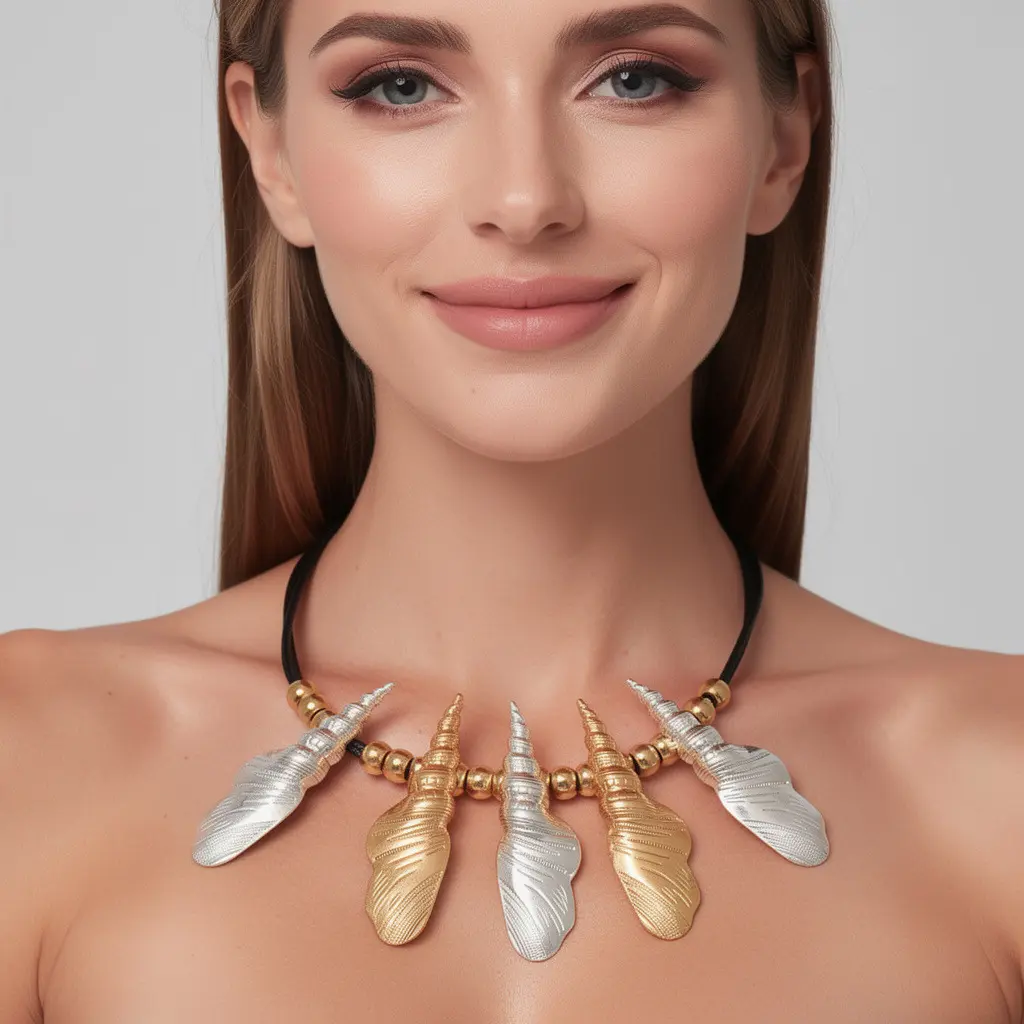 Female Bohemian-Style Metal Shell Short Necklace - European Retro, Ethnic, Exaggerated Size, Casual, Daily, Fashionable Versatile Non-Natural Crystal Jewelry Accessory, Elegant, Metal Coating, Modern Non-Natural Crystal Necklaces & Pendants, No, Metal Pen