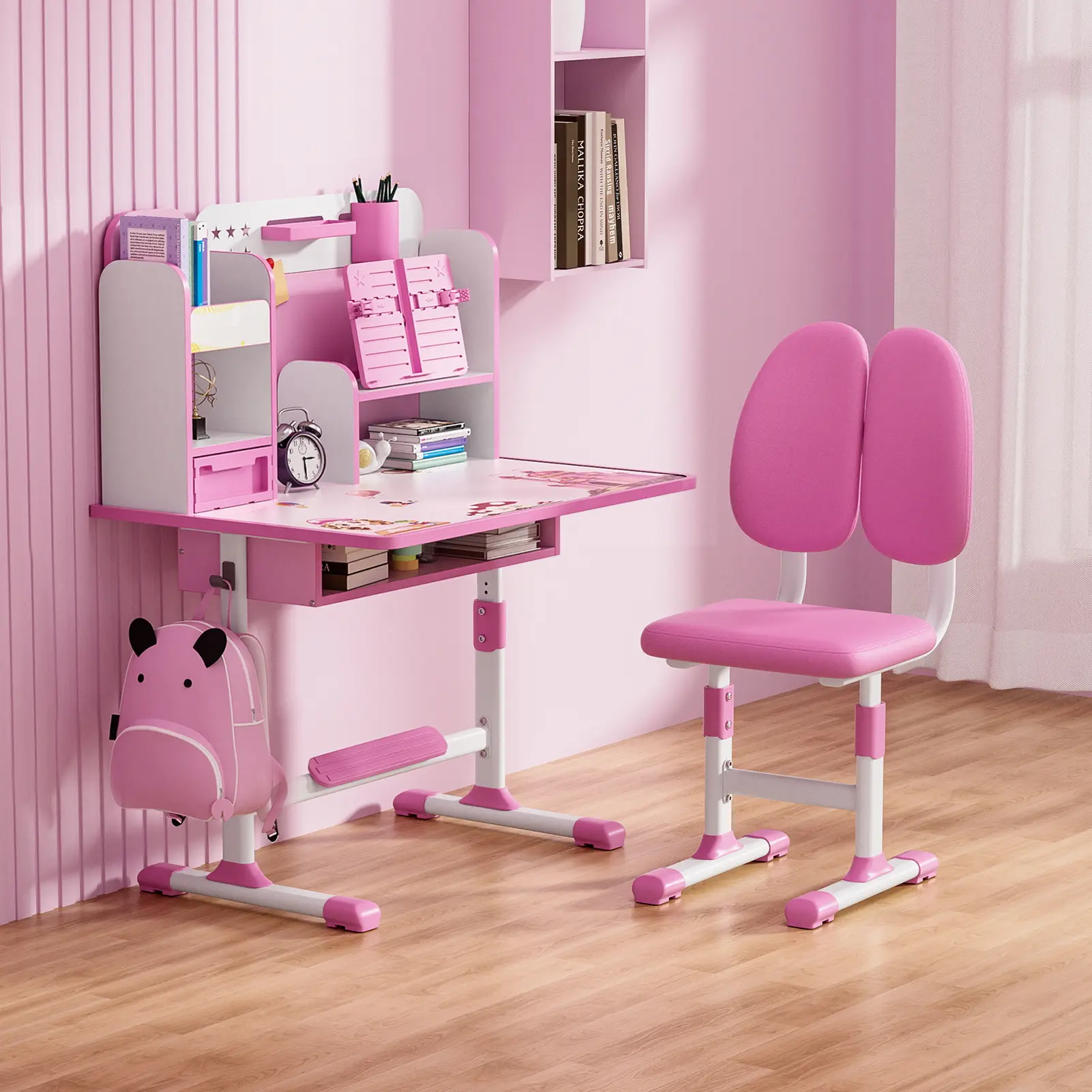 2Pcs/Set Kids Study Desk Chair Set, Height Adjustable Children School Study Table Chair Set with Sitting Corrector, Ergonomic Desk Chair with Book Stand, Foot Pedal, Partition Design (Pink, Blue)