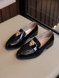 Trendy Leopard Head Decorated Shoes, Boy's Glossy Leather Loafers, Baby British Style Formal Shoes, Low Top Shoes, All Seasons