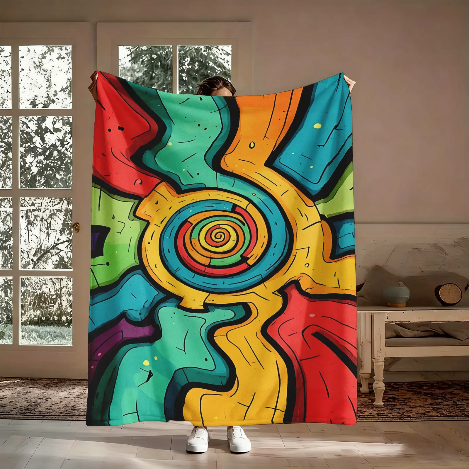 Aztec Sun Flannel Throw Blanket - Boho, Art Graphic, Bohemian Style, Colorful Afghan Design with Tribal Spiral, Zigzag Rays (Red, Yellow, Green, Blue), Soft Cozy Warm for Couch, Bed, Gift for Boho Art Lovers, Boho Blankets, Art Graphic Blankets