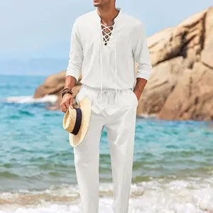 Men's 2 Piece Linen Set Long Sleeve Henley Shirts Casual Beach Pants With Pockets Summer Yoga Outfits