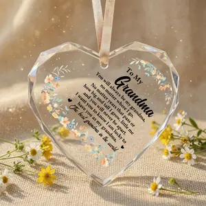 To My Grandma Heart Shaped Crystal Glass Pendant, Floral Keepsake Gift for Grandmother, Mother's Day Birthday Desktop Ornament, Home Office Decor