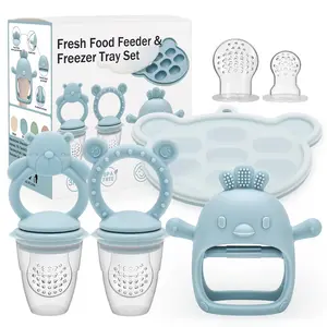 Baby Silicone Fruit Food Feeder Pacifier & Breastmilk Popsicle Freezer Molds,BPA Free Baby Food Storage Containers Frozen Ice Tray for Baby Feeding Safely, Infant Fruit Teething Toy (Blue)