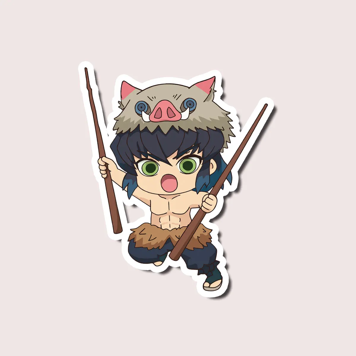 Chibi Wild Warrior Inosuke Sticker | Cute Anime Style Boar Mask Fighter Vinyl Decal | Waterproof Cartoon Sticker for Laptop