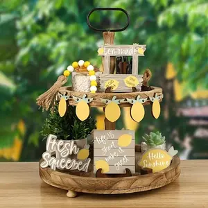 Lemon Garden Theme Tiered Tray Decorations, 13pcs/set Wooden Hanging Sign & Food Ornament without Tray, Home Decor for Kitchen Party