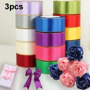 3 Rolls Golden Double Ribbon - Handmade Fabric Ribbon for DIY Gift Wrapping, Wedding & Party Decorations, Luxury Craft Supplies for Special Occasions, Ribbons for Crafts, Festive Decoration, Elegant Embellishment, Metallic Finish, Refined Texture
