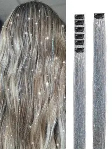 Women's 6-Piece Synthetic Clip In Hair Extensions, One-Card Design, Shiny Laser Thread, Adds Color & Sparkle, Unique Fashion Look, Synthetic Clip Hairpiece