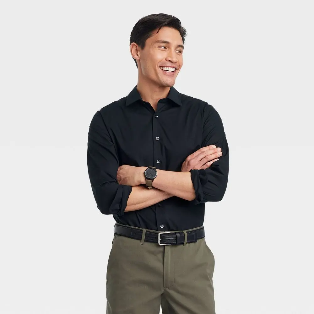 Goodfellow & Co Men's Performance Long Sleeve Button-Down Dress Shirt - Soft Recycled Polyester Fabric, Collared Neckline, Standard Fit, Stylish & Comfy, Loafers, Spandex