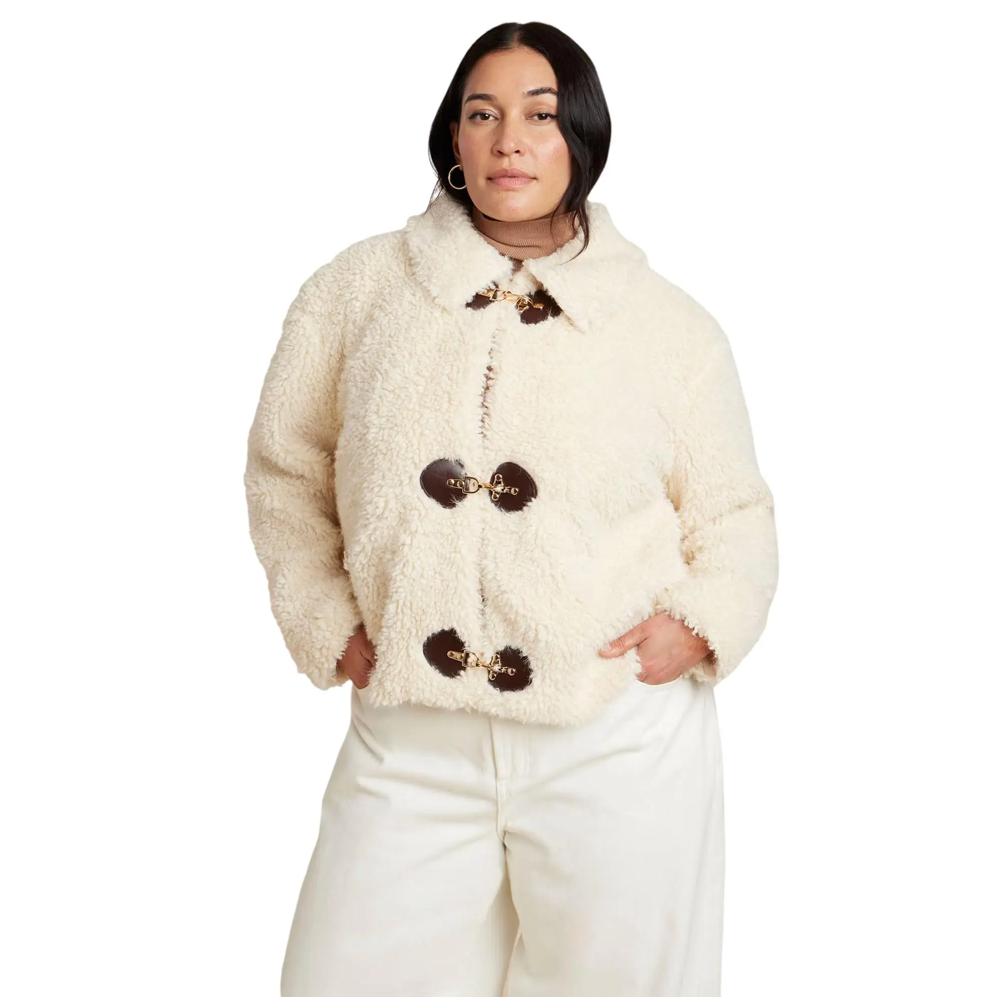 ELOQUII Women's Plus Size Teddy Fur Coat With Buckles