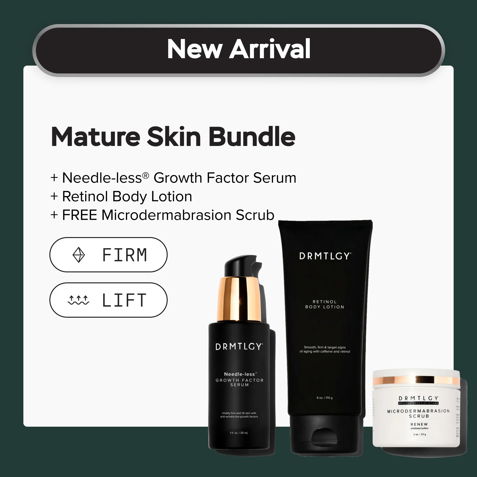 DRMTLGY Mature Skin Bundle. Needle-less Growth Factor + Retinol Body Lotion + Microdermabrasion Scrub. Visibly Lifts, Firms, and Improves Appearance of Skin Texture