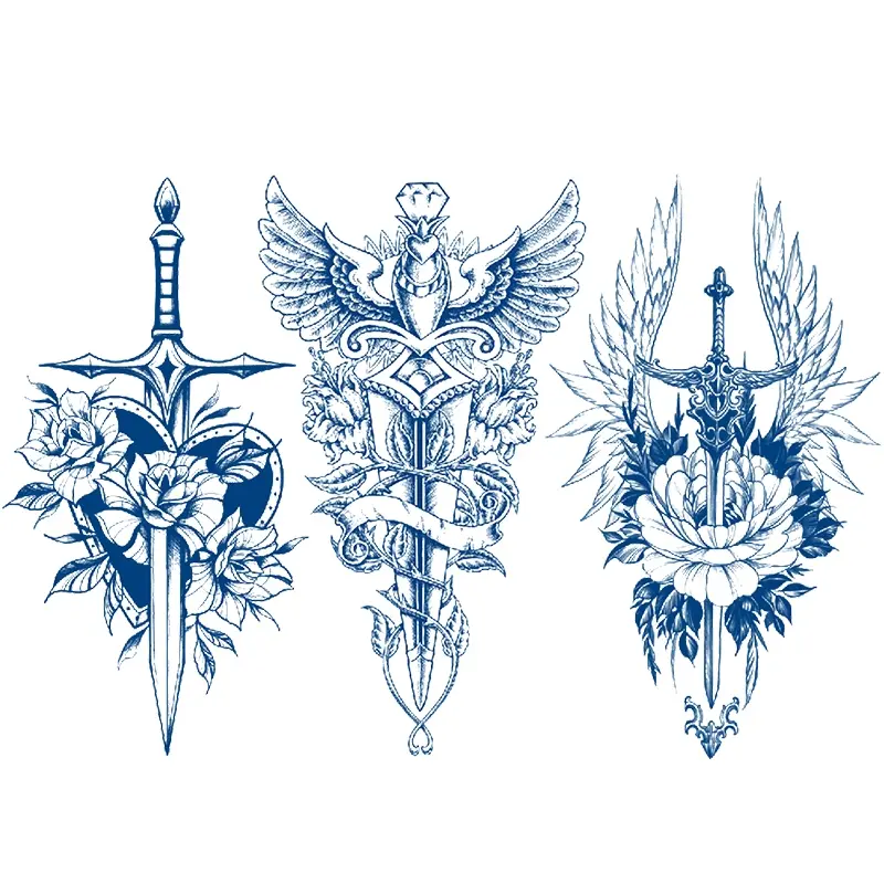 3 Pcs Temporary Tattoo Stickers, Realistic Floral Sword Design, Waterproof Durable, Lasts 1-2 Weeks, Unisex Tattoos, Fake Tattoos