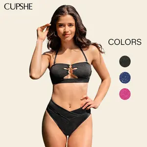 CUPSHE Sparking Lurex O-Ring Bandeau & Cheeky Bikini Set Casual Beachwear V Front High Rise Waist Swimwear Swimsuit Summer Pool Party Bathing Suits Bathing suit #SummerVibes