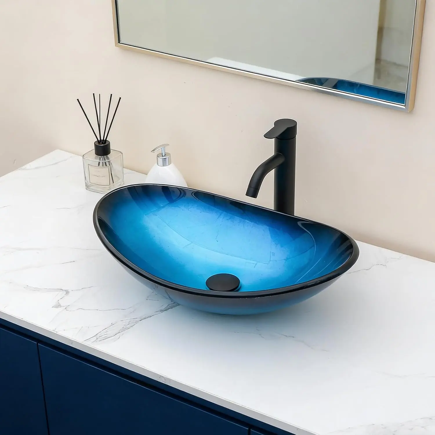 Logmey 21in Modern Matte Black Pop-up Drain Set Low-Lead Windshield Tempered Glass Bathroom Vessel Sink, Above Counter Oval Bowl, Easy Wipe Clean Shallow Water Blue Decorative Vanity Basin for Bathroom Renovation,bathroom makeover