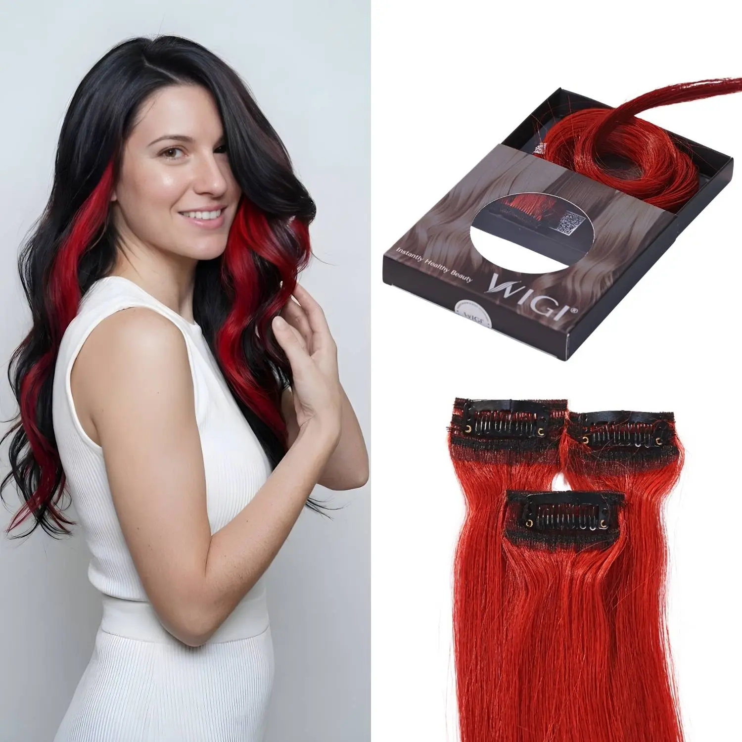 WIGI 18-Inch Red Clip-In Highlight Human Hair Extensions for Females, 100% Vietnamese Human Hair Weft Pieces, 3-Piece Straight Party-Ready Reusable Set, 100% Human Hair, Reusability