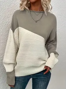 Elegant Women's Long Sleeve Knit Sweater Knitwear, Fitted Comfortable Vacation Wear, Allover Print Patchwork Pullover, Casual Basic Top for All Seasons Womenswear Knitting