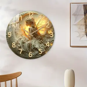Acrylic Wall Clock with Fairy on Crescent Moon, Fantasy Theme Decor for Living Room, Bedroom, Dreamy Style, Battery Operated Gift