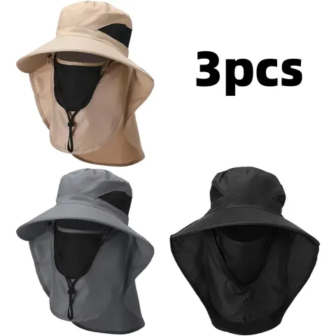 Men's 3pcs 3-in-1 Outdoor UV Protection Wide Brim Beach Hats for Adults - 4in brim, 3.55in depth, 22-22.8in adjustable fit, detachable neck flap & mask, breathable polyester mesh, adjustable chin strap, 3 different colors, for hiking, holidays