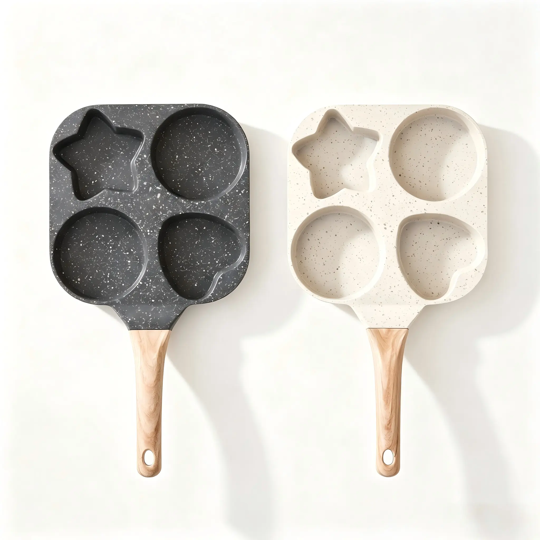 4-Cavity Pancake Pan - Non-Stick Egg Frying Pan with Wooden Handle, Heart Star & Round Shaped Breakfast Skillet for Stovetop, Multi-Mold Cookware for Eggs, Tortillas & Quesadillas