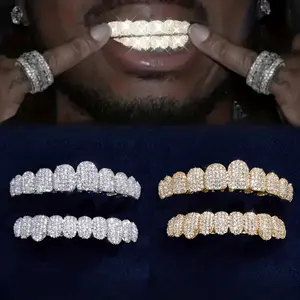 2pcs/Set Blingbling Halloween Hip Hop Blingbling Rapper Cubic Zirconia Teeth Grill 20 Teeth Upper and Lower Grill Dental Mouth Punk Teeth Cap Cosplay Rapper Jewelry for Men and Women Teens oral use stainless steel temporary veneer Cosmetic