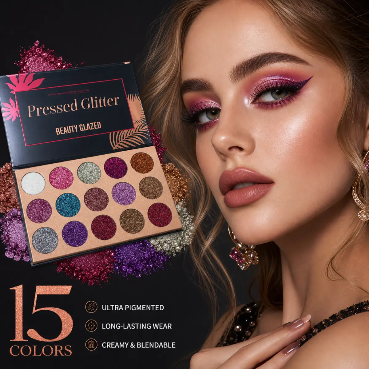 BEAUTY GLAZED 15 Colors Glitter Eyeshadow Palette, 3-in-1 Sparkle Shimmer Makeup for Eyes Lips Body, Pressed Glitter Powder Palette, Buildable Pigment for Day & Night Looks
