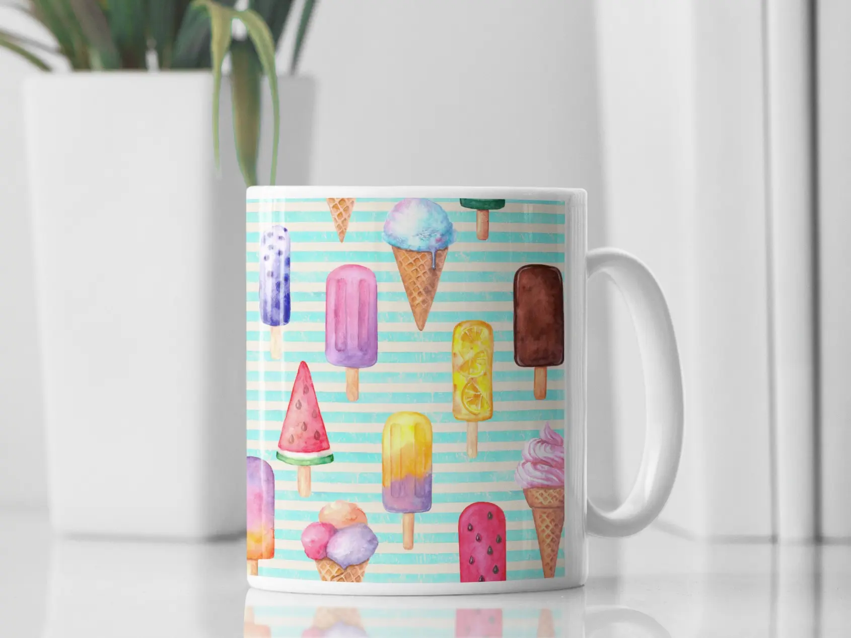 Ice Cream Popsicle Pattern Coffee Mug | Colorful Summer Frozen Treat Dessert Ceramic Cup Gift