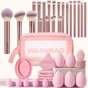 42PCS All-in-One Makeup Tools Set, Waterproof Zipper Multifunctional Cosmetic Bag, 20PCS Professional Makeup Brushes, 5 Regular & 5 Mini Makeup Sponges, 5 Triangle Powder Puffs, 5 Mini Air Cushion Puffs and Makeup Brush Cleaning Tool, Complete Beauty Kit