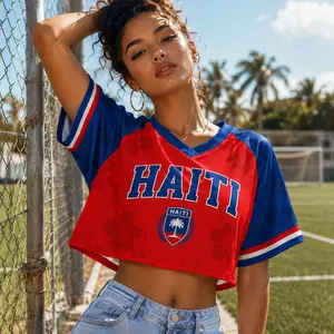 Haitian Flag Graphic Crop Shirt for Women, Caribbean Heritage Tee, Casual Summer Outfit, Sporty Girl Shirt