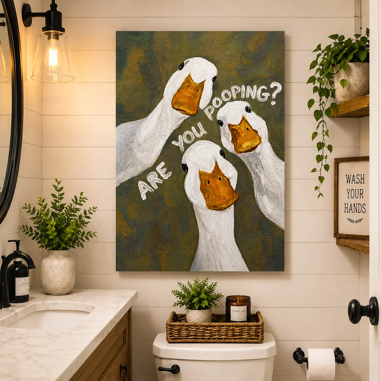 Funny Goose Bathroom Print, "Are You Pooping?" Toilet Humor Decor, Quirky Duck Art, Office Motivation Wall Art, Life Inspiration Poster, Mindset Shift Decor, Funny Bathroom Canvas, Aesthetic Room Decor, Gag Gift, Viral TikTok Decor