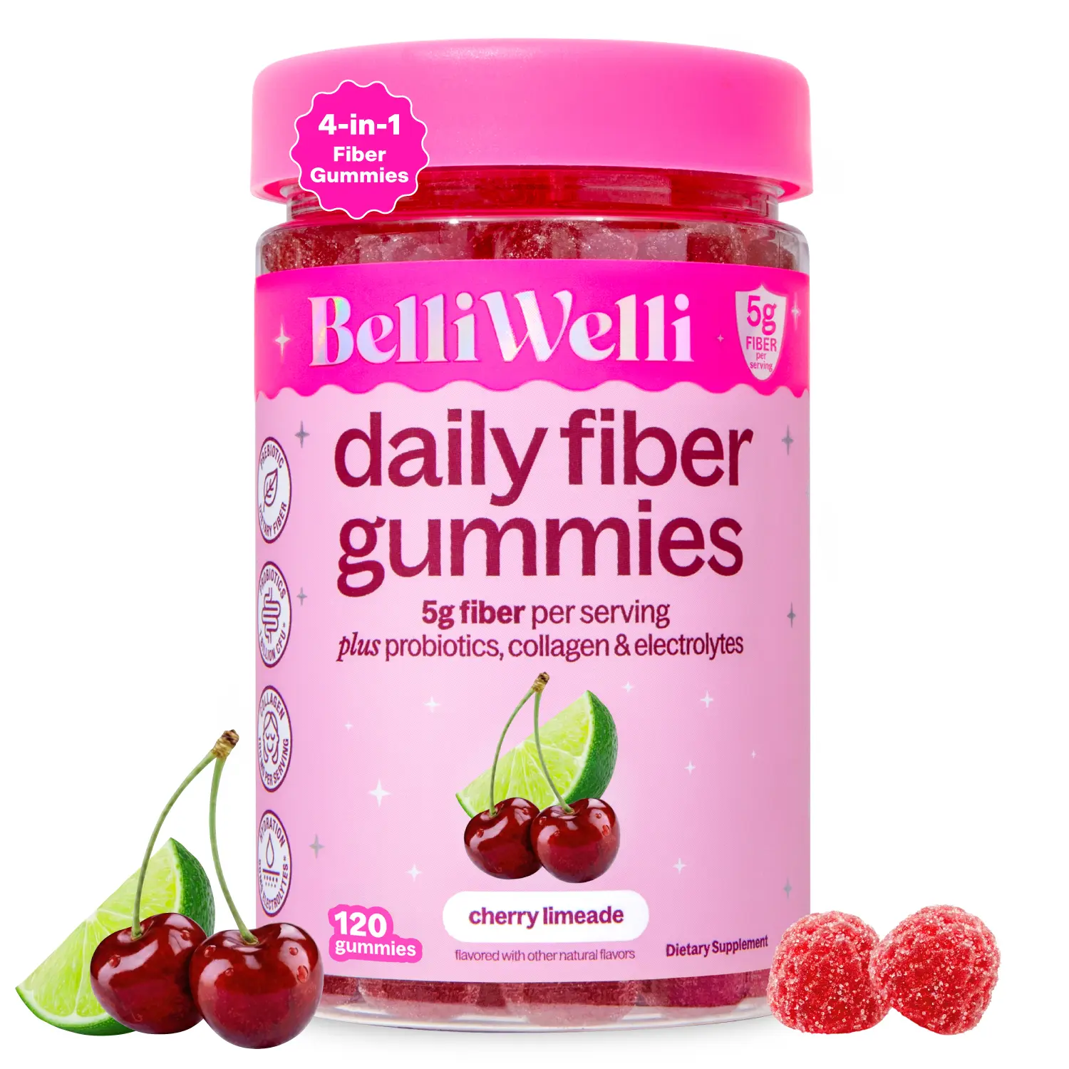 BelliWelli 4-in-1 Fiber Gummies 120ct - 5g Fiber per Serving with Probiotics & Collagen for Digestion Regularity & Constipation Support Digestive Wellness