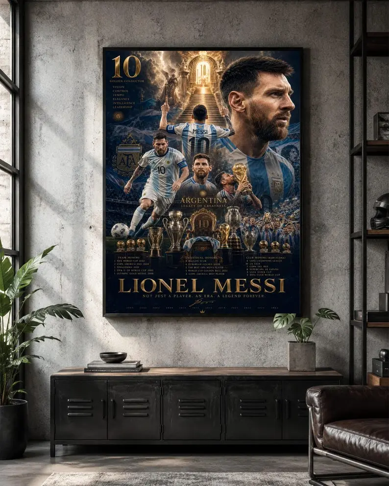 Argentina Football Legend Poster, Messi Soccer Wall Art, Champion Trophy Print, Blue Gold Sports Decor, Football Fan Gift