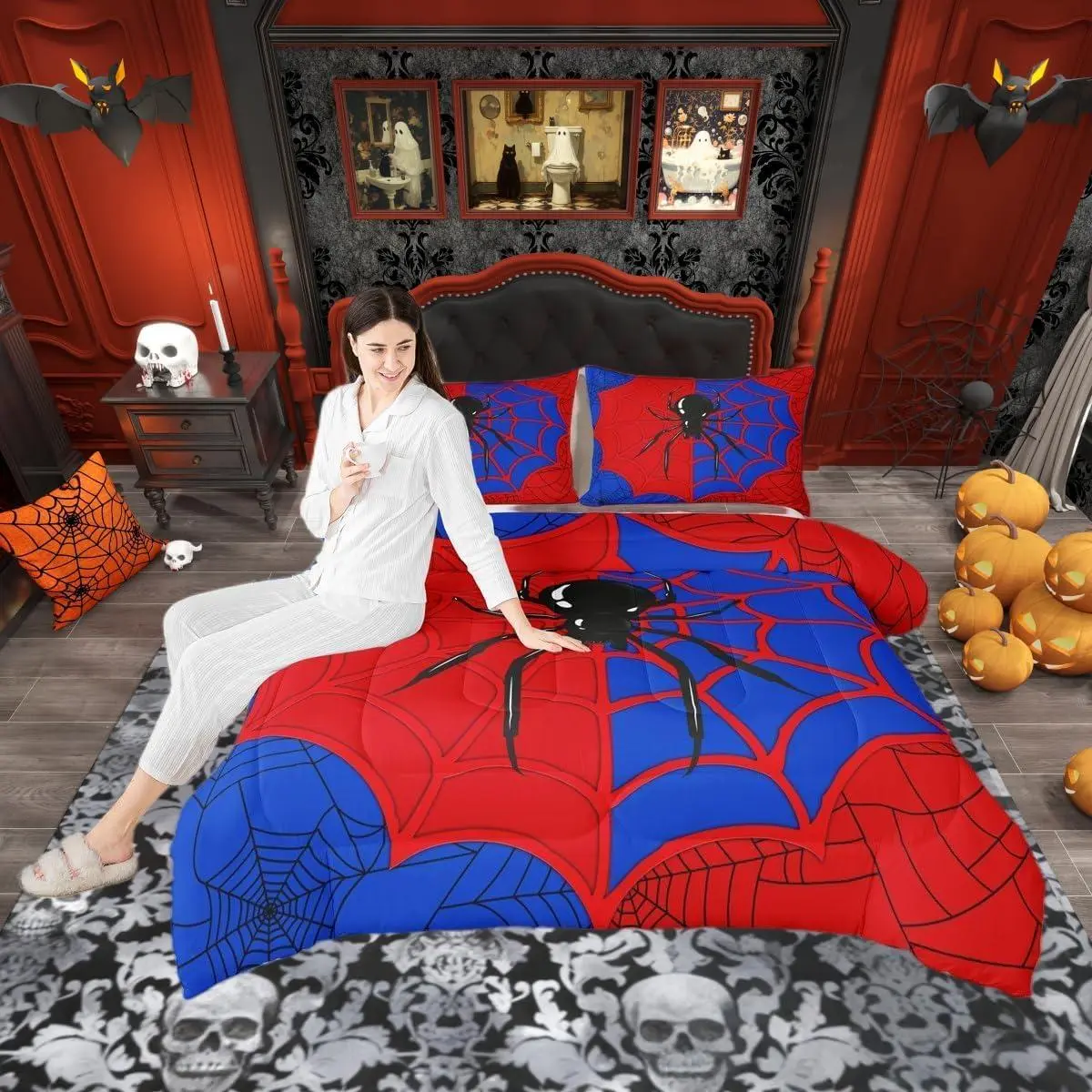 Feelyou Witchy Aesthetic Duvets & Sets, Black Spider Arachnid Insect Print Bedding Set, Gothic Halloween Room Decor for Men’s & Women’s Spaces, Red-Blue Unique Down Comforter Insert