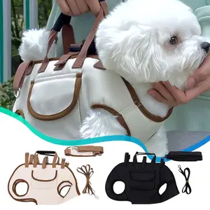 Dog Full Body Lift Harness for Small Dogs, Outdoor Pet Bag Hands Free Shoulder Yorkie Carrier, Adjustable Breathable Vest Straps with Small Puppy Treat Bag, Beige (S(4.4~8.81 lbs))