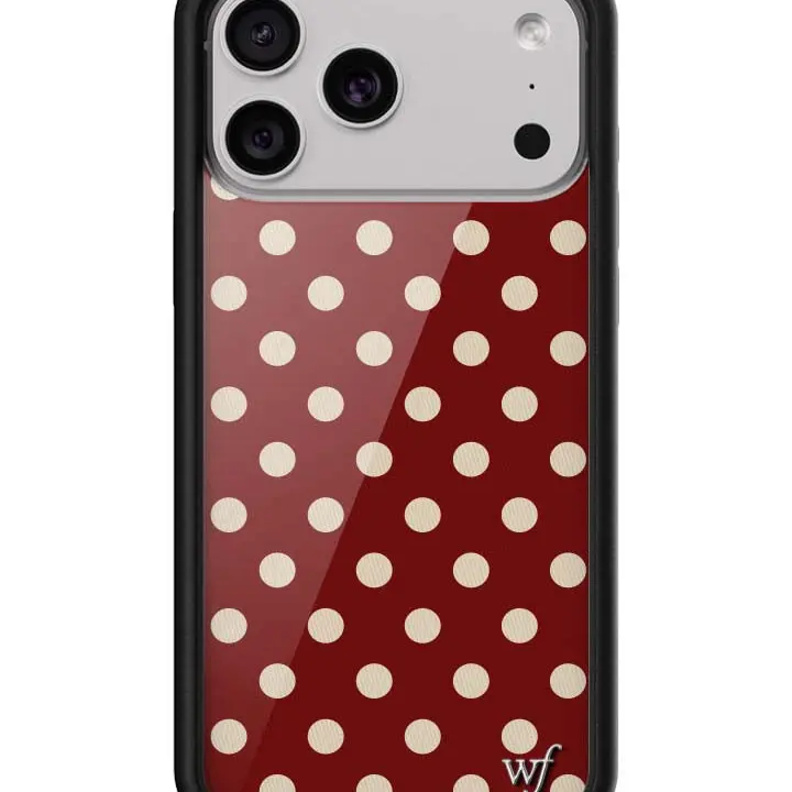 Wildflower Limited Edition Trendy Collab Burgundy & Cream Polka Dot iPhone 15 Case - Cellphone Smartphone Heavy Duty Protection, Raised Black Rubber Bumper, Handmade Polyurethane Accessory, Women's Owned Small Business, Screen Protector Compatible