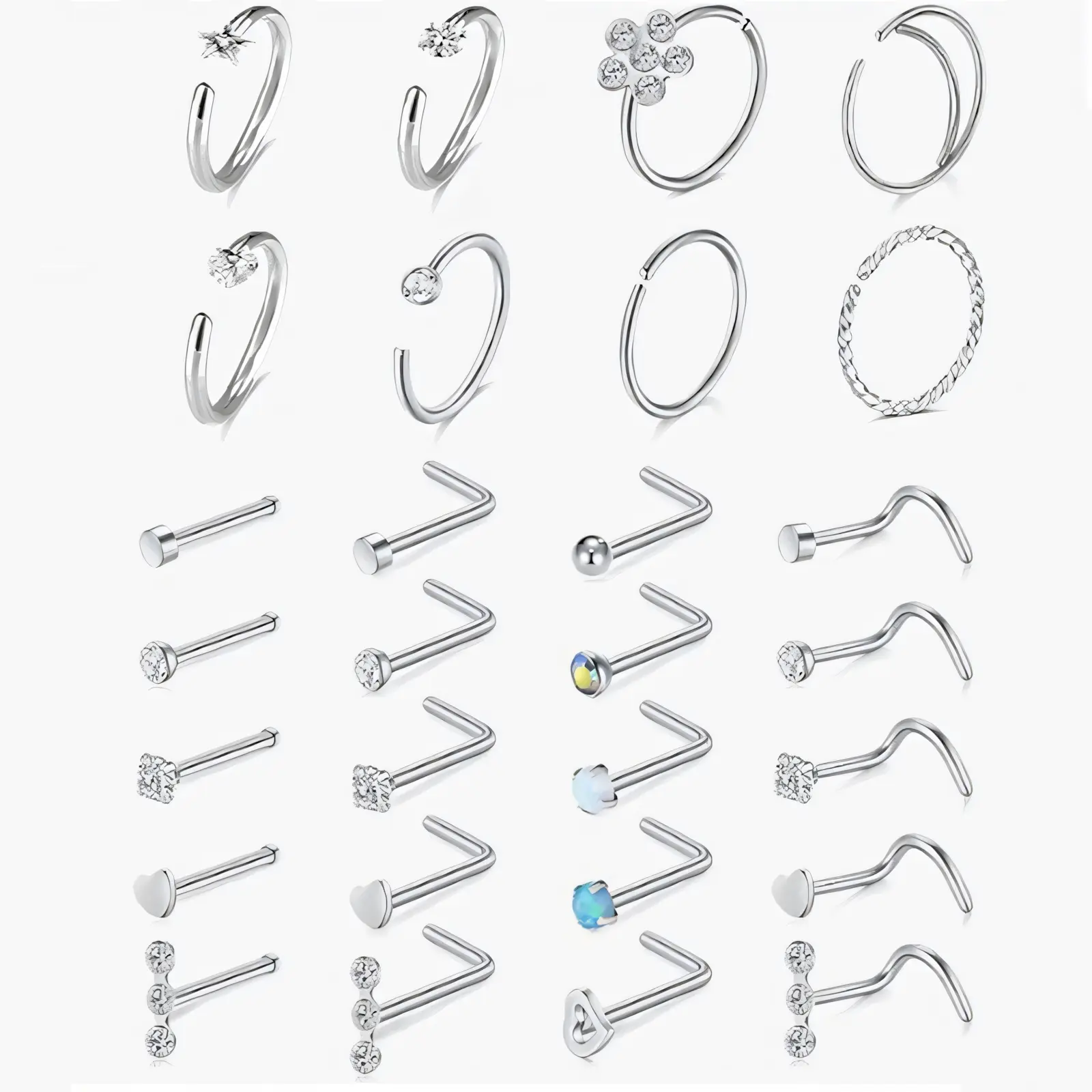 Unisex 28-Piece 20G Hypoallergenic 316L Surgical Stainless Steel Nose Piercing Jewelry Set - Flowers, Hoop/Screw, Studs, L-Shape, Bone Nose Rings in Silver, Rose Gold, Black, Rainbow