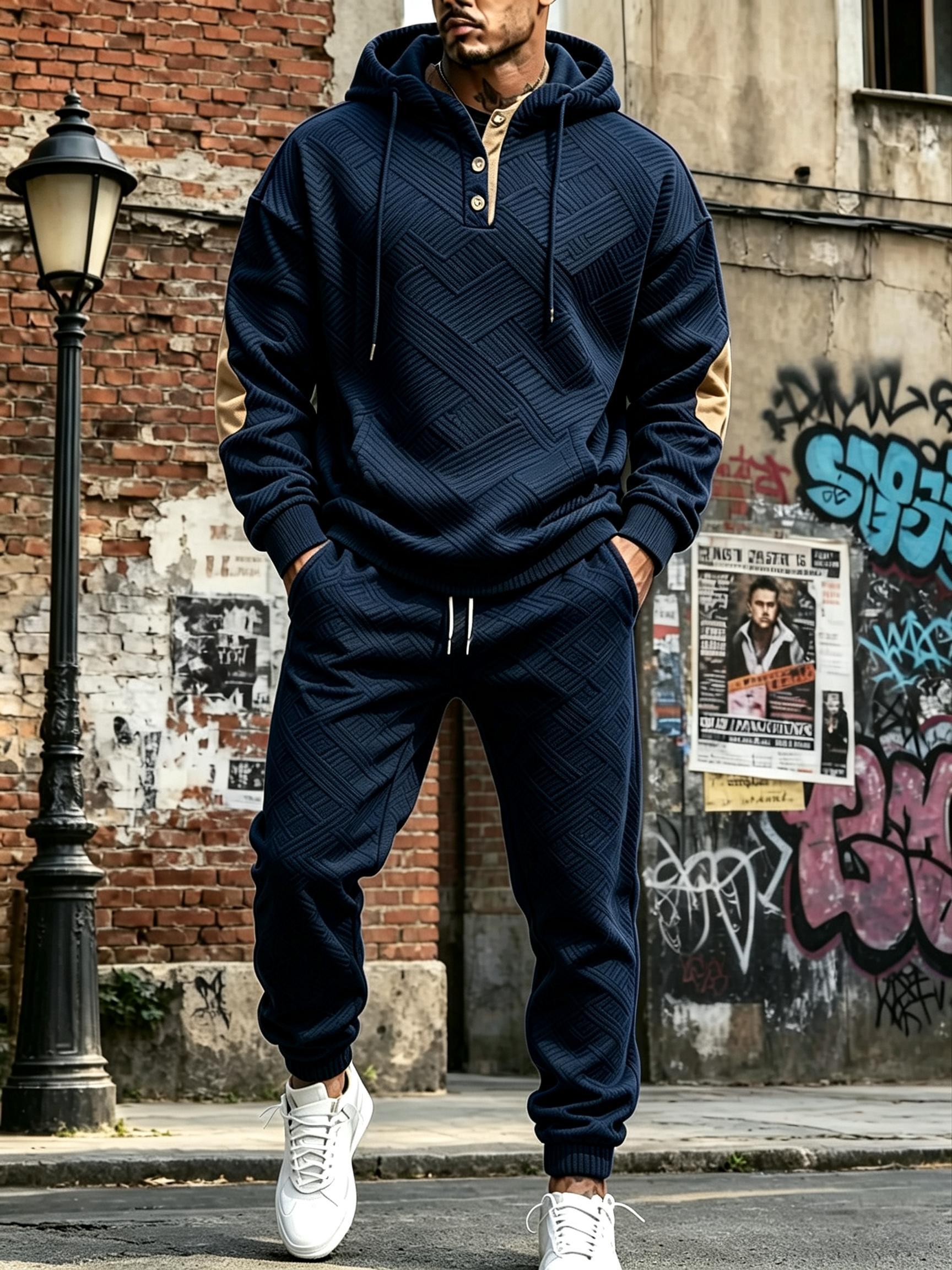 Men's 2-Piece Autumn Hooded Sportswear Set - Geometric-Patterned Hoodie, Drawstring Joggers, Casual Street-Style Menswear Outfit Men's 2-Piece Autumn Hooded Sportswear Set - Geometric-Patterned Hoodie, Drawstring Joggers, Casual Street-Style Menswear Outfit