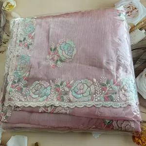 PARTY WEAR HIGH END SILK SEQUENCE WORK SAREE WITH UNSTITCHED BLOUSE IN BABY PINK COLOR.