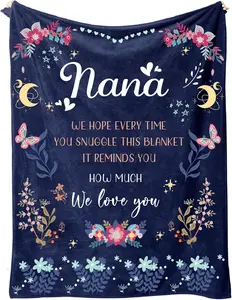Nana Gifts on Christmas, Nana Birthday Gifts from Grandchildren, Flower Blankets for Nana, Gifts for Nana Grandma on Mothers Day Xmas, Soft Flannel Blankets 50" x 60" (Navy Blue)