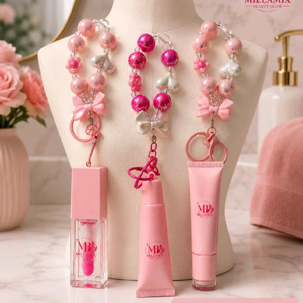 Millamix Beauty Glow Lip Gloss Keychain - Makeup Lipgloss in Raspberry, Strawberry, and Sorceress Flavors