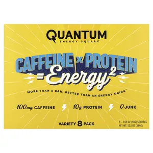 Quantum Energy Square Caffeine x Protein Snack, Variety Pack, 8 Squares, 1.69 oz (48 g) Each