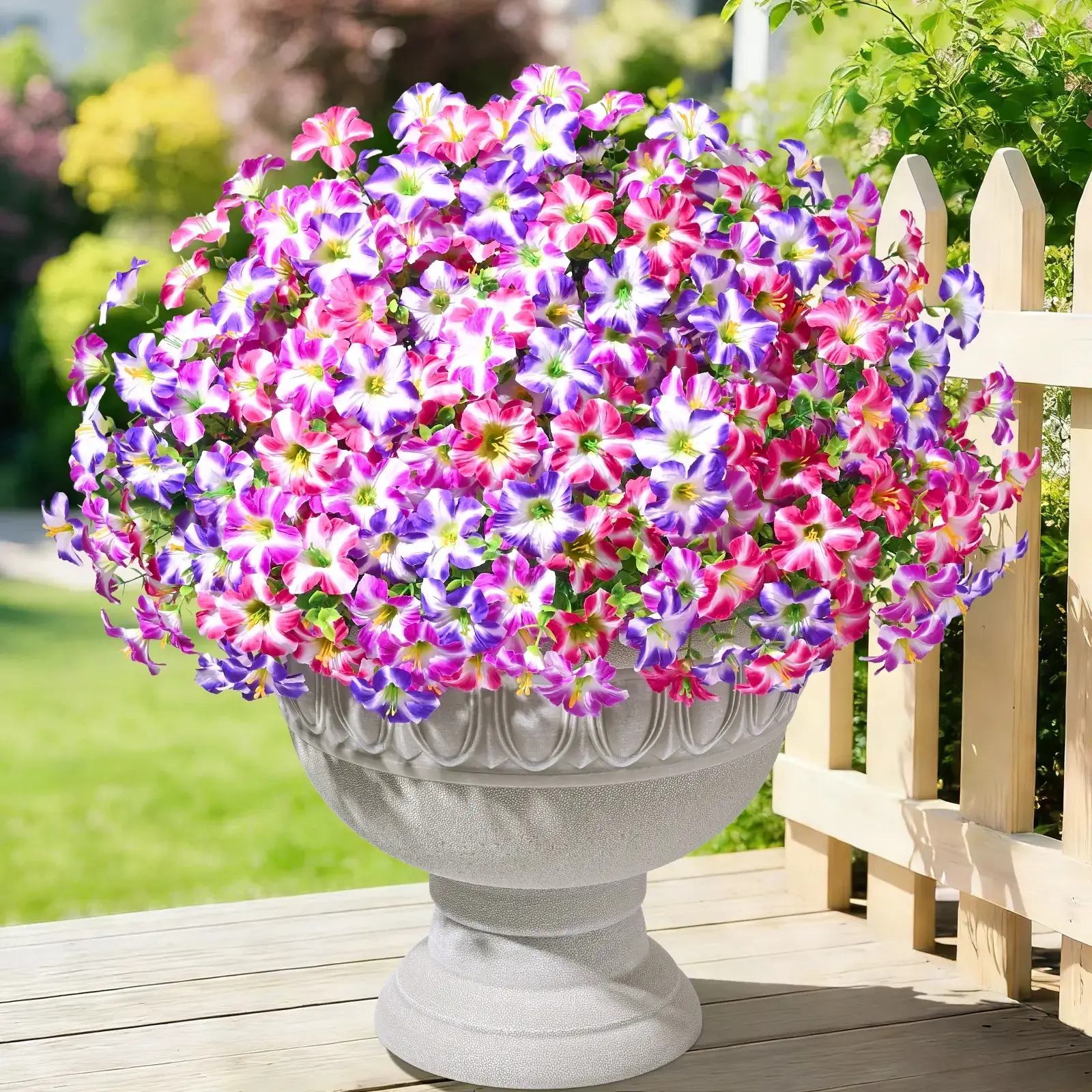 12-Bundle UV-Protected Realistic Artificial Petunias Set, Outdoor Decorative Fake Flower Ornaments for Front Porch, Patio Home Decor (Purple-Purple Red-Rose Red, Spring Summer Use), 12 Bundles